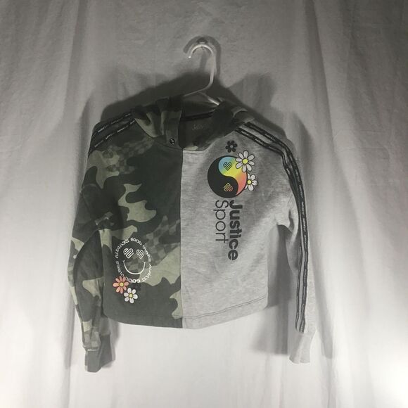 Justice Sport Hoodie, Split Design, Camouflage On Right, Gray On Left, Size M - Picture 1 of 3